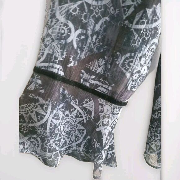 Sundace Silk Blouse  Blue Black Velvet Trim Bell Sleeve Semi-Sheer Women's 14 - Picture 2 of 8